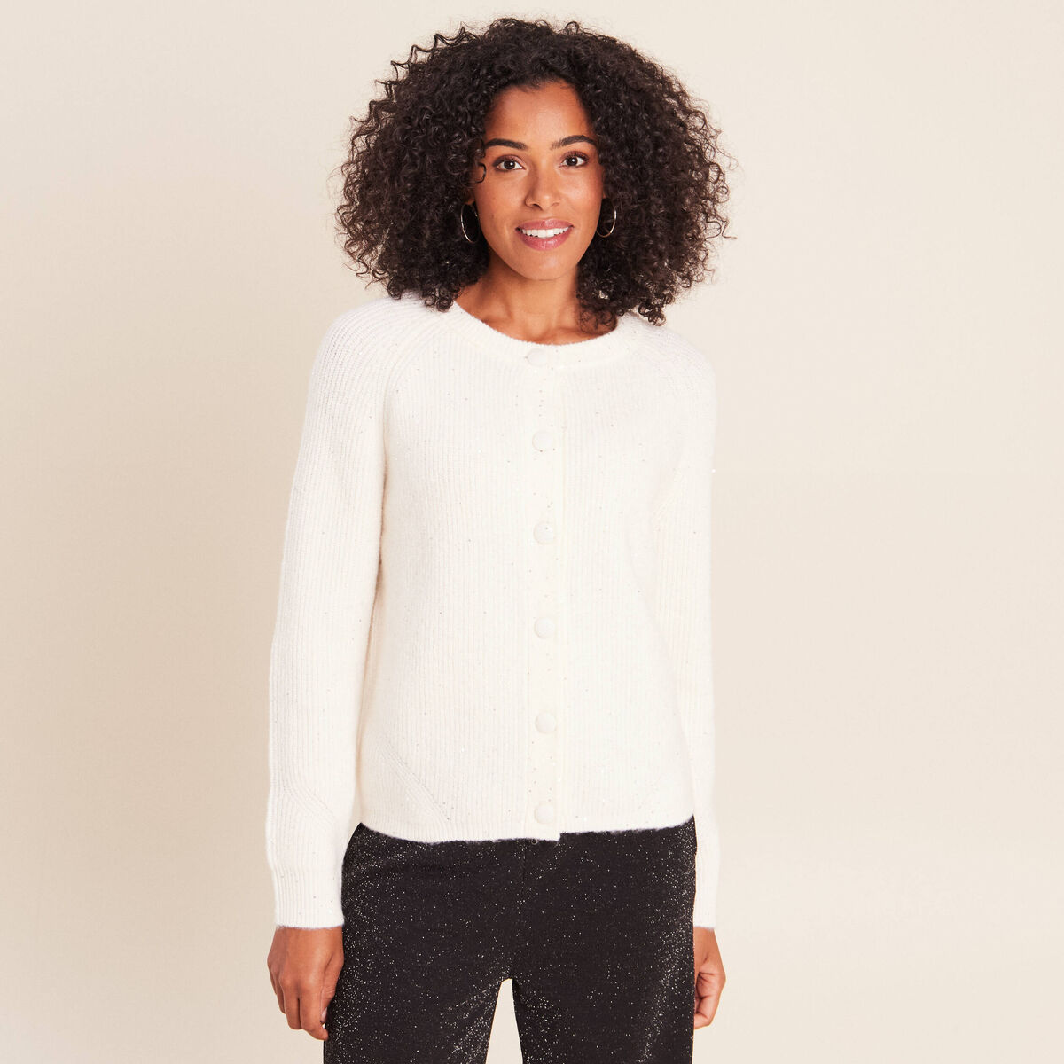 Cardigan col rond &agrave; sequins ecru femme