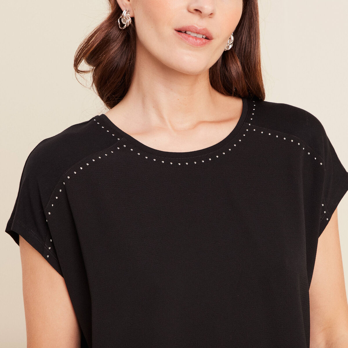 T-shirt bi-mati&egrave;re manches courtes noir femme