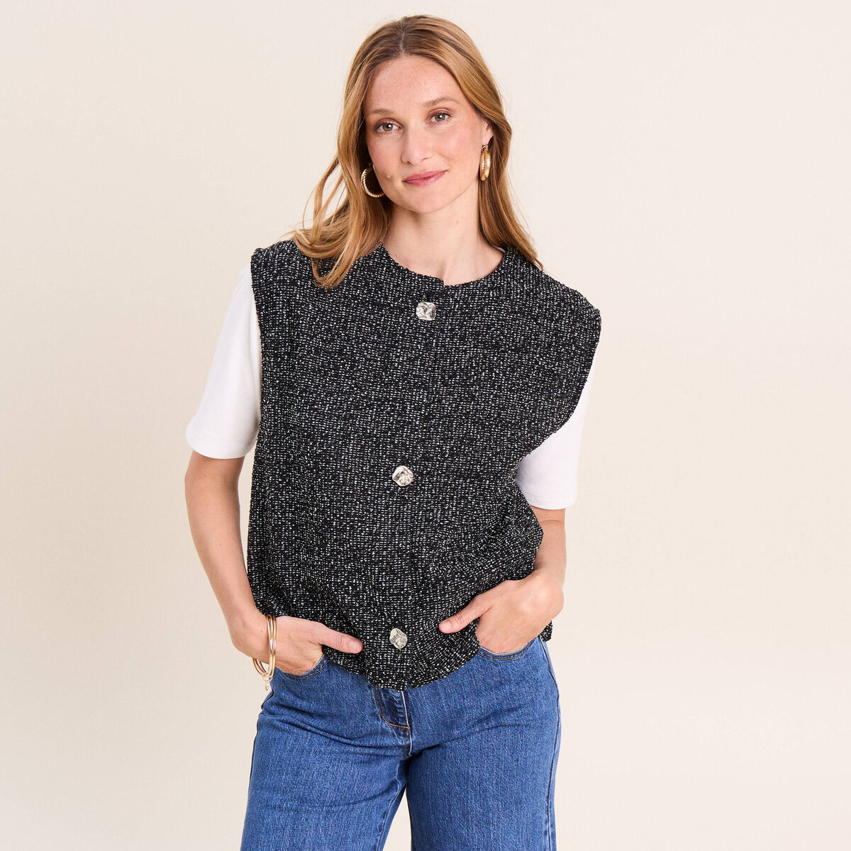 Gilet tweed droit court sans manches noir femme