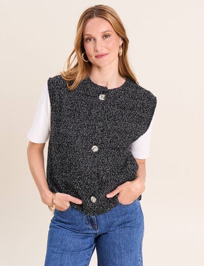 Gilet tweed droit court sans manches noir femme