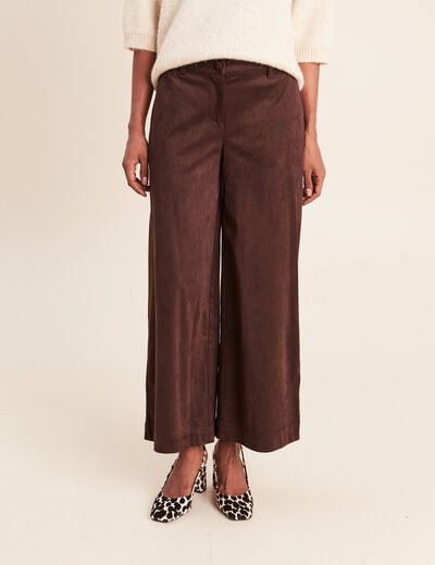 Pantalon large 7/8&egrave;me aspect daim marron fonc&eacute; femme