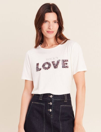 T-shirt &agrave; message col rond ecru femme