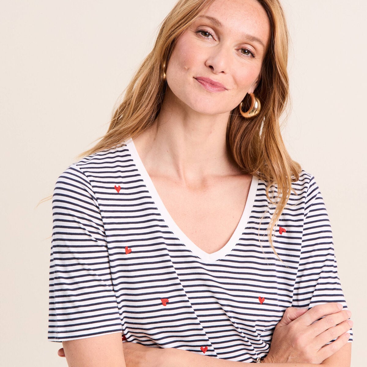 T-shirt droit broderie manches courtes bleu femme