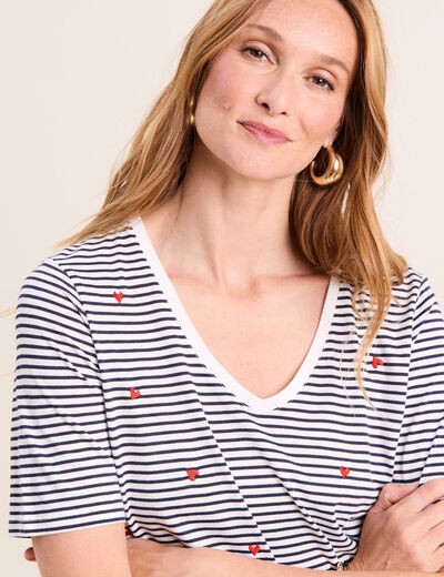 T-shirt droit broderie manches courtes bleu femme