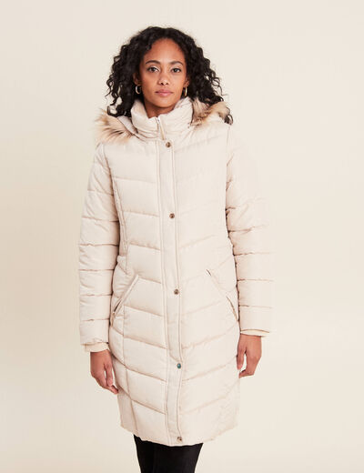 Doudoune déperlante longue à capuche beige femme