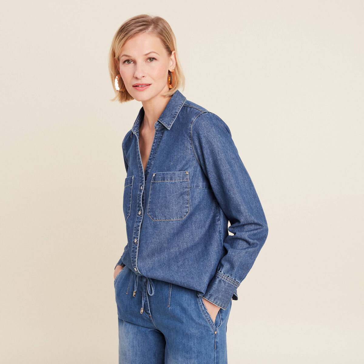Chemise manches longues jean denim stone femme