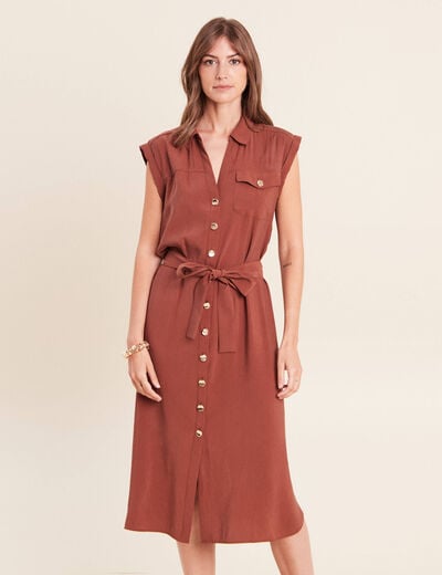 Robe droite col chemise manches courtes marron femme