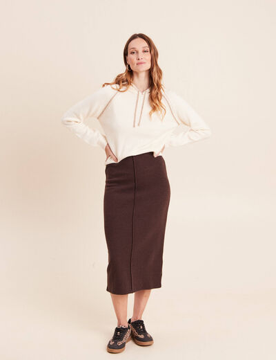 Sweat droit long &agrave; capuche ecru femme