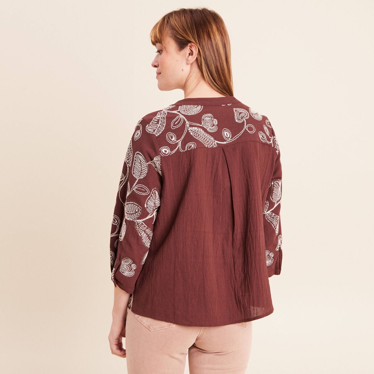 Blouse col tunisien manches 3/4 marron femme