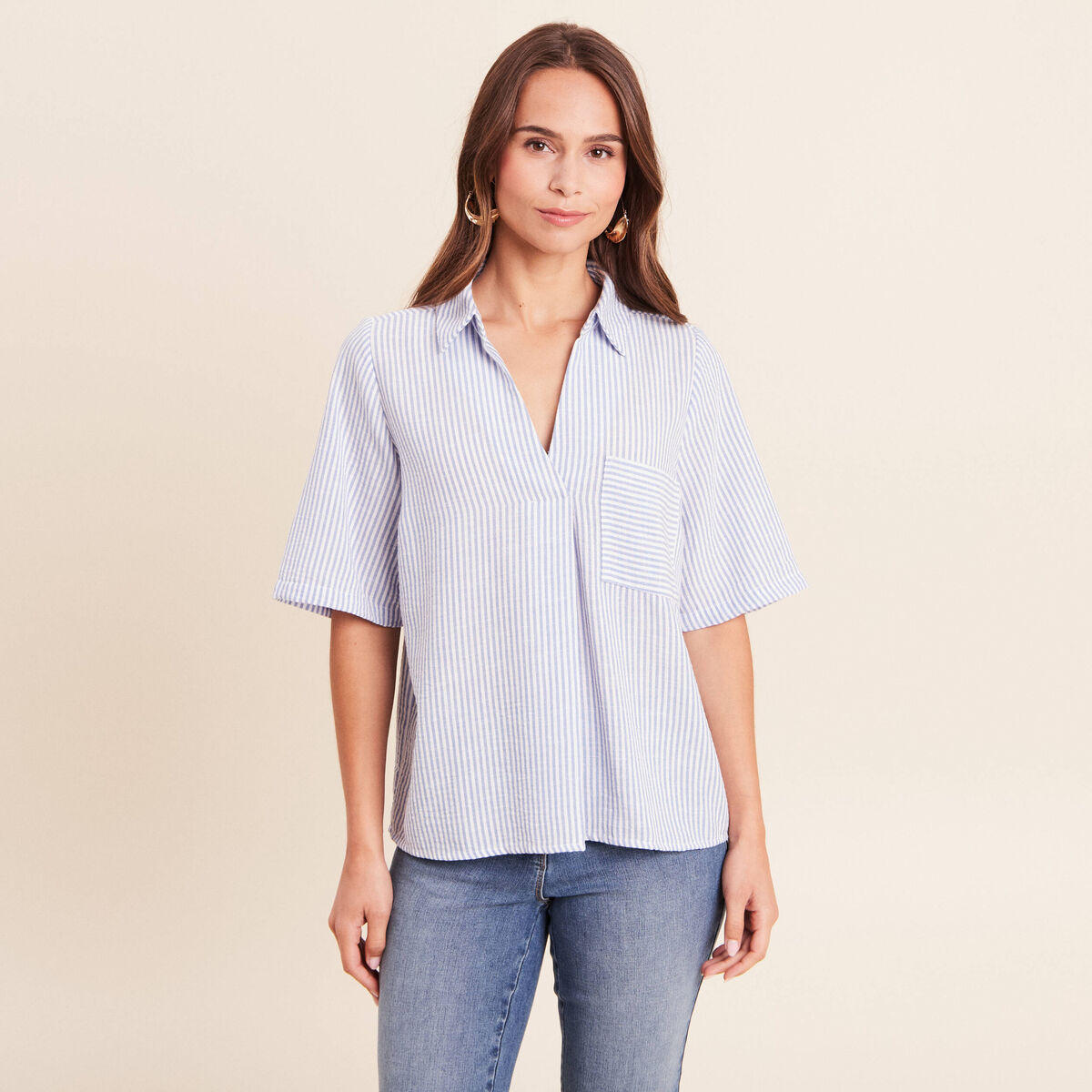Blouse ample col chemise manches courtes bleu femme