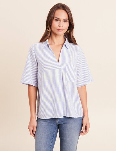 Blouse ample col chemise manches courtes bleu femme