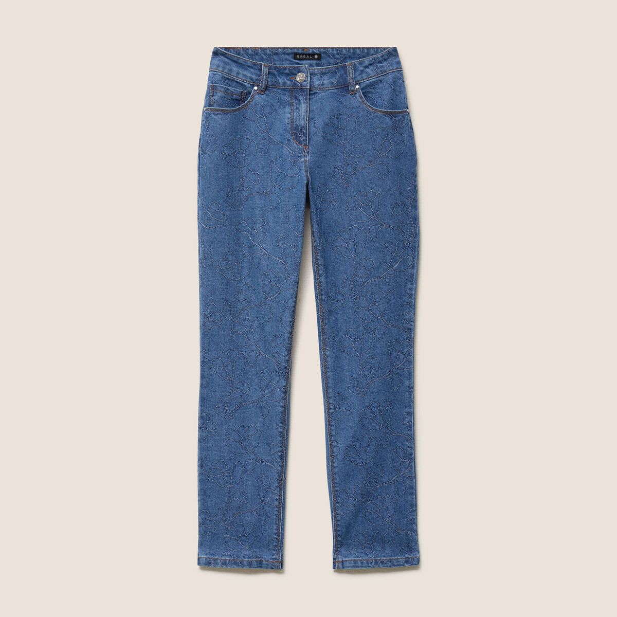 Jean coupe droite 7/8&egrave;me taille bascul&eacute;e bleu femme
