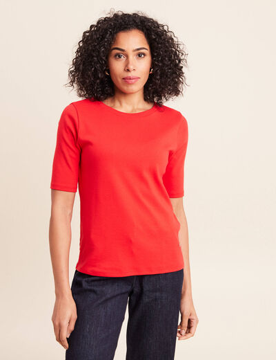 T-shirt ajust&eacute; col rond manches coudes rouge fluo femme
