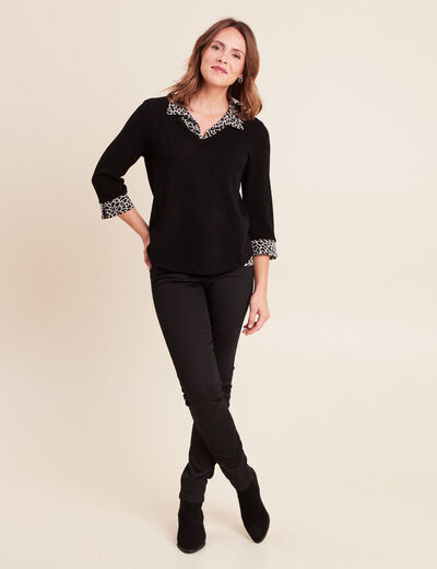 T-shirt col chemise manches 3/4 noir femme