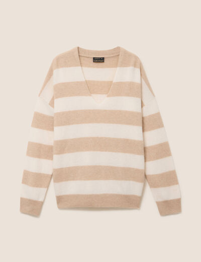 Pull col v beige femme