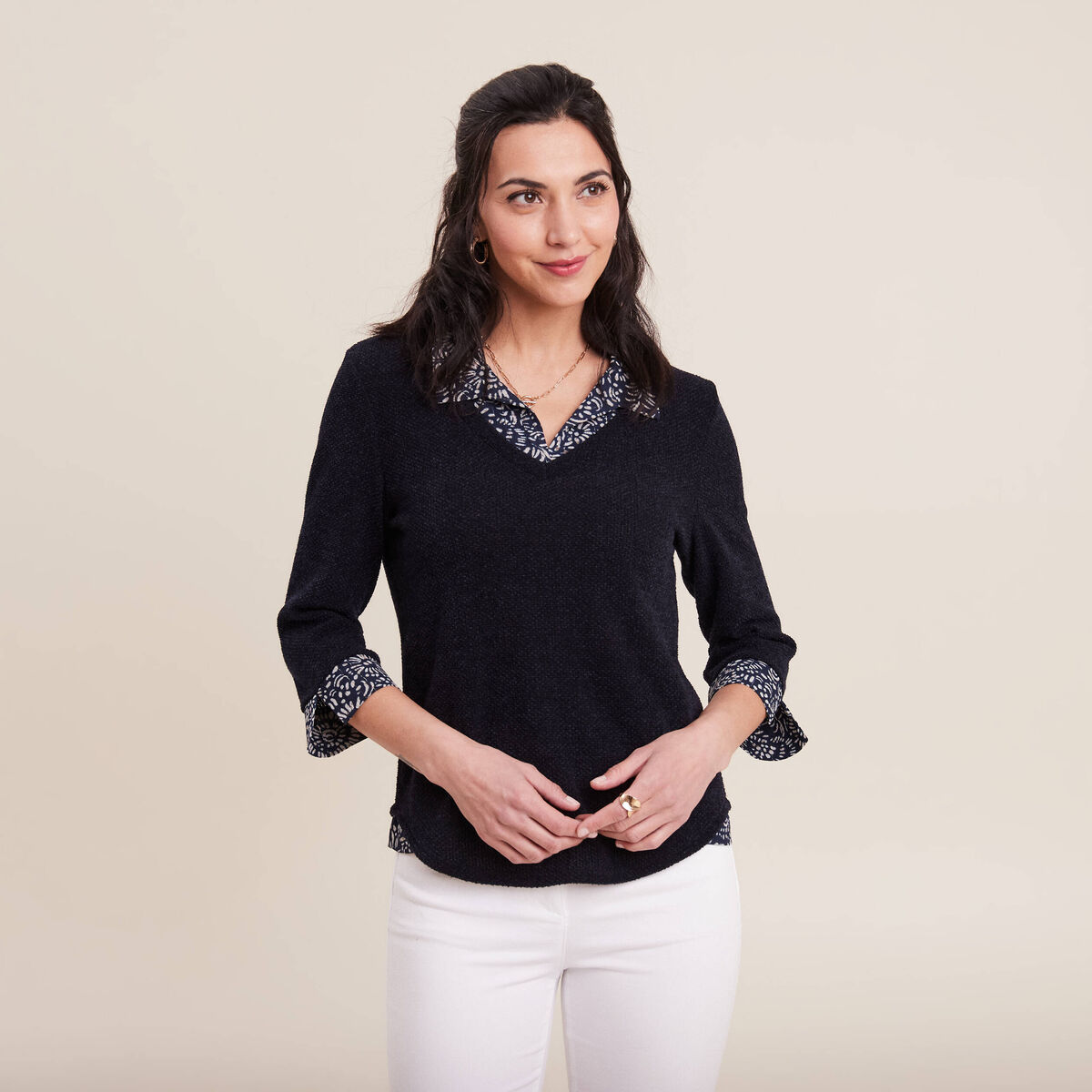 T-shirt manches 3/4 2-en-1 bleu marine femme