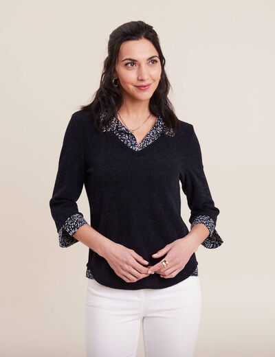 T-shirt manches 3/4 2-en-1 bleu marine femme