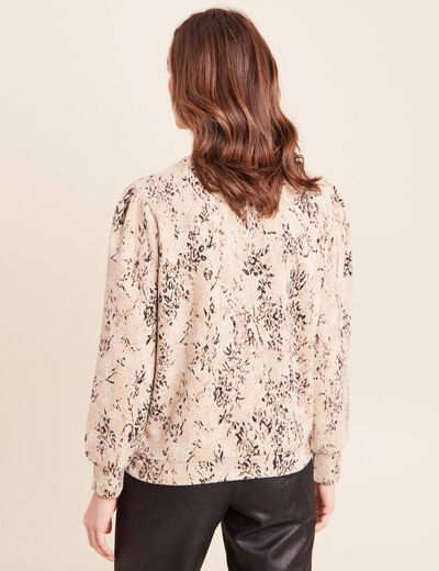 T-shirt court col rond manches longues beige femme