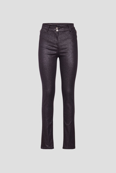 Pantalon ajusté enduit couleur argent femme