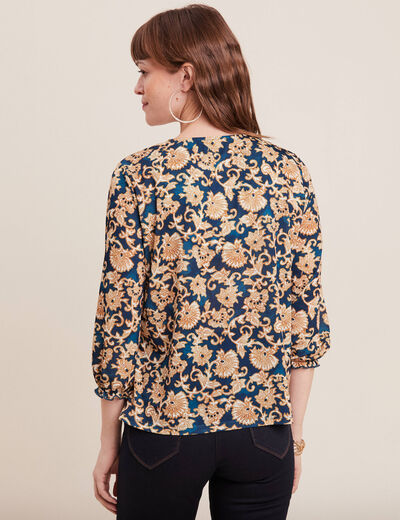 Blouse manches 3/4 col smocké bleu foncé femme