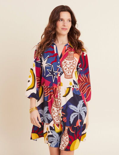Robe courte évasée manches 3/4 bleu femme