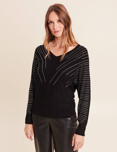 Pull ajust&eacute; col bateau strass noir femme
