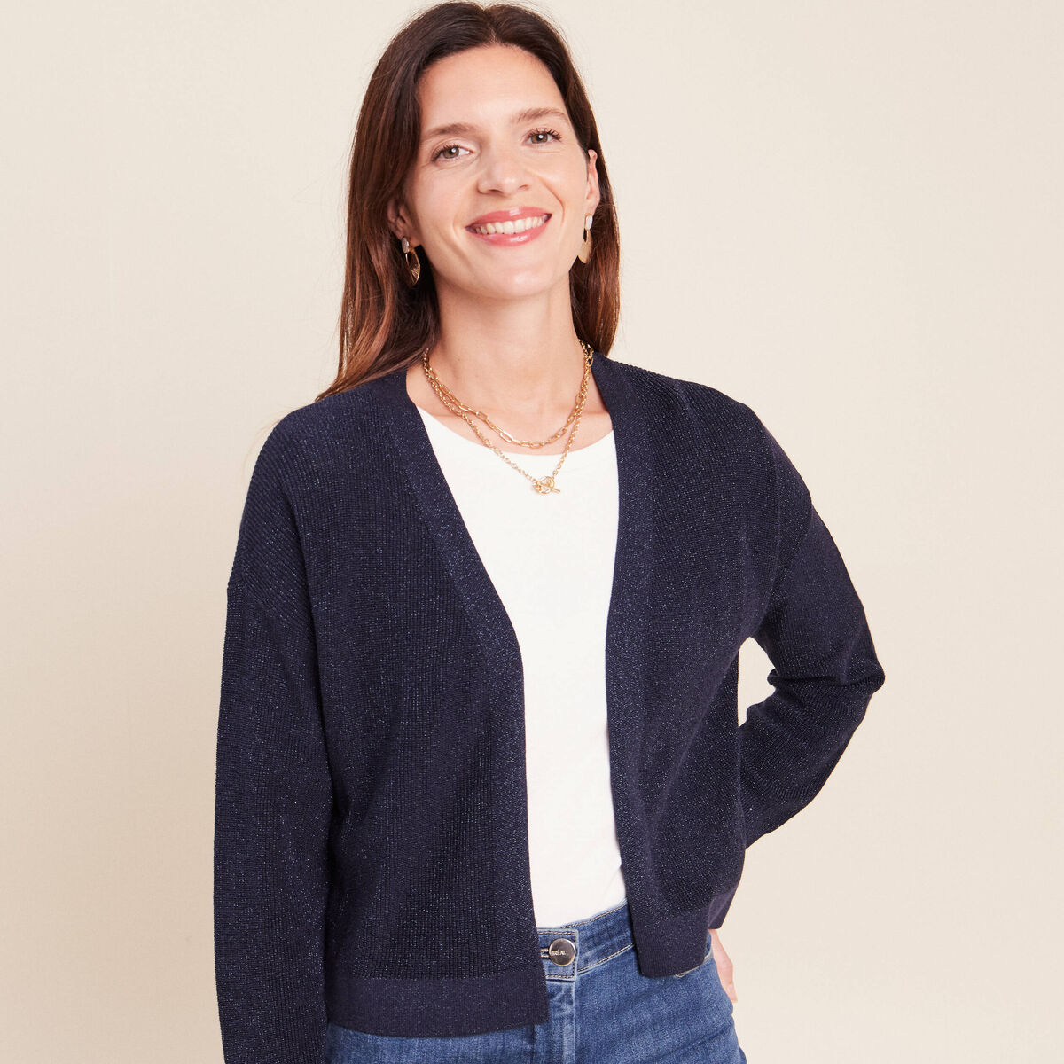 Gilet manches longues brillant bleu marine femme