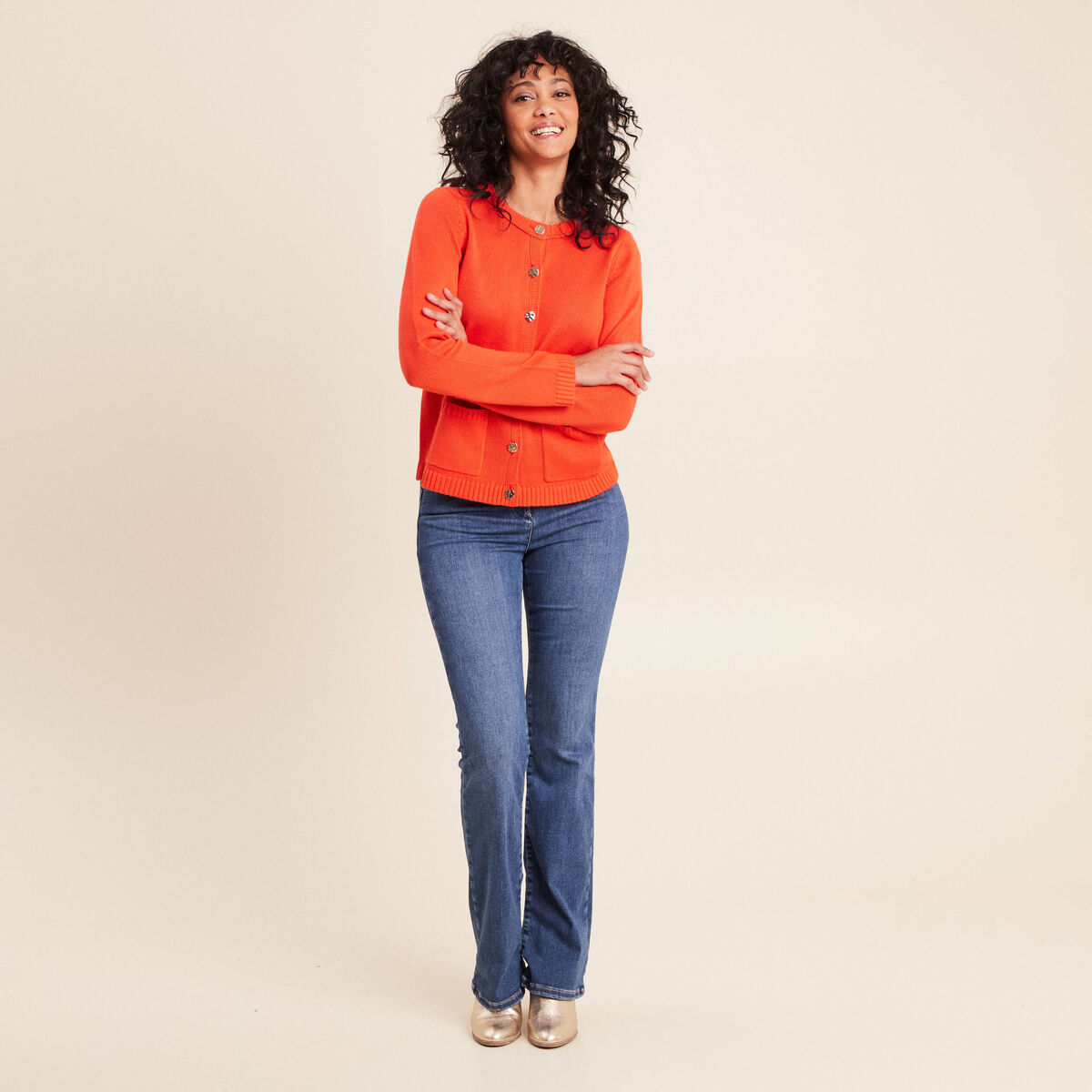 Gilet droit long &agrave; manches longues orange fonc&eacute; femme