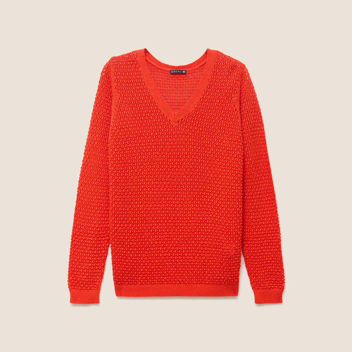 Pull manches longues col en V orange fonc&eacute; femme