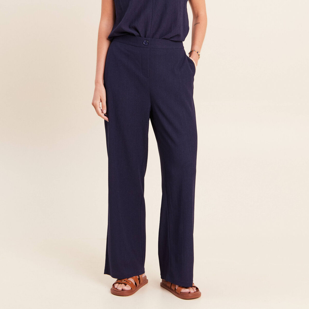 Pantalon large taille haute fluide bleu marine femme