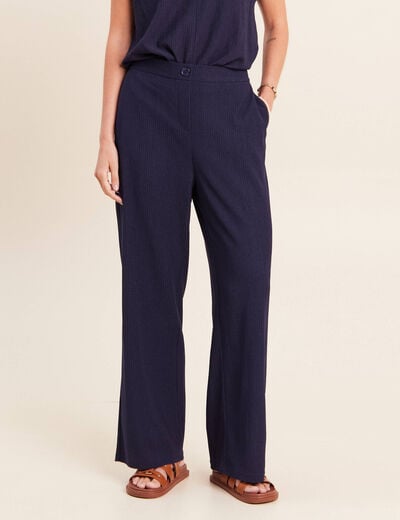 Pantalon large taille haute fluide bleu marine femme