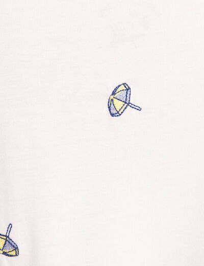 T-shirt col v broderie manches courtes ecru femme