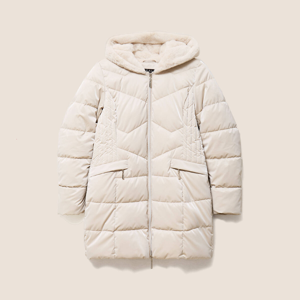 Doudoune mi-longue &agrave; capuche beige femme