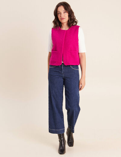 Gilet sans manches bouclette poches rose fushia femme