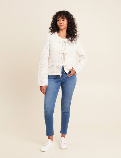 Gilet droit mi-long col V ecru femme