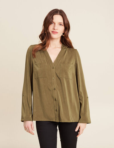 Blouse manches 3/4 à capuche vert olive femme