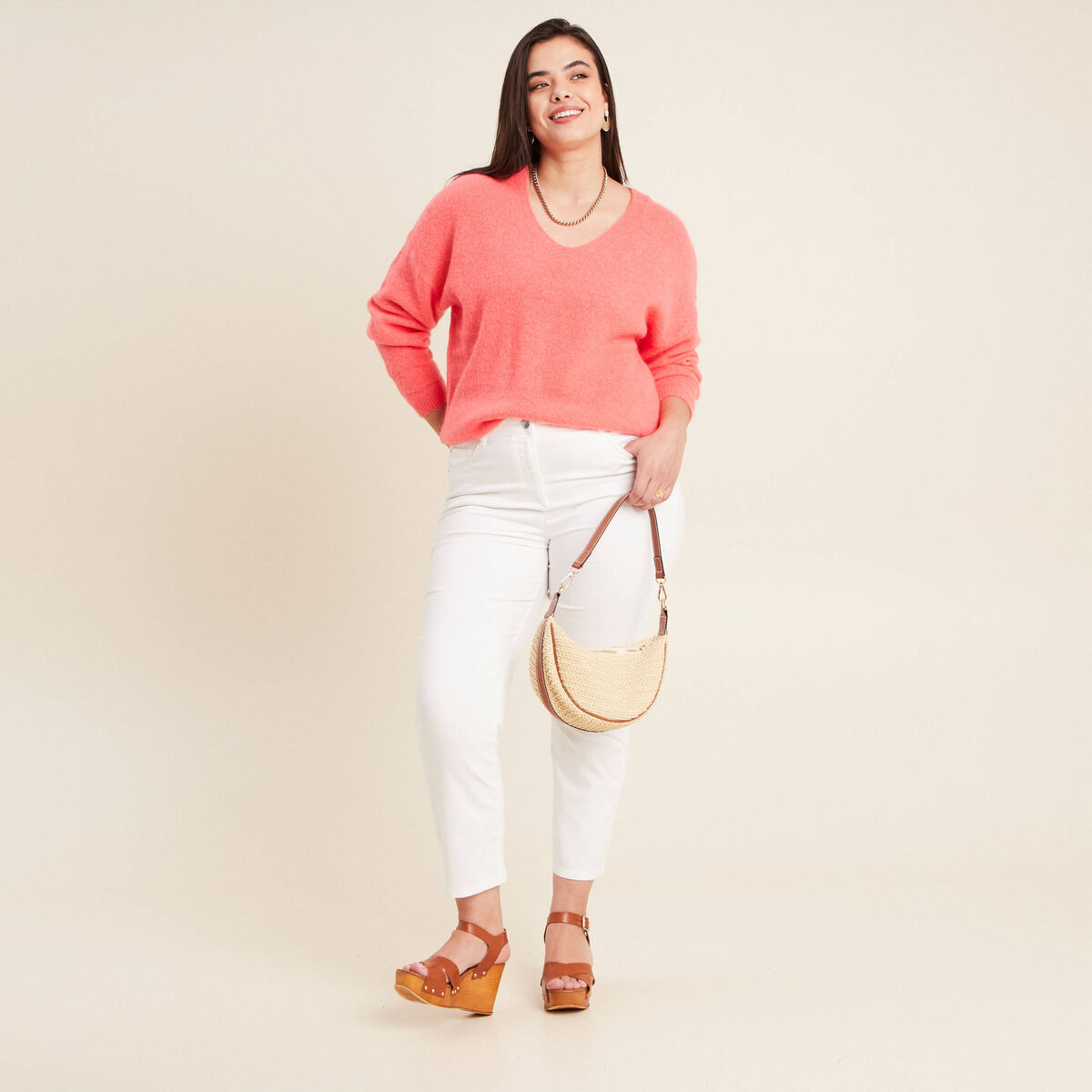 Pull manches longues rose vif femme