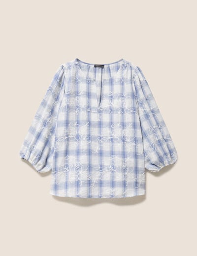 Blouse col tunisien manches 3/4 bleu femme