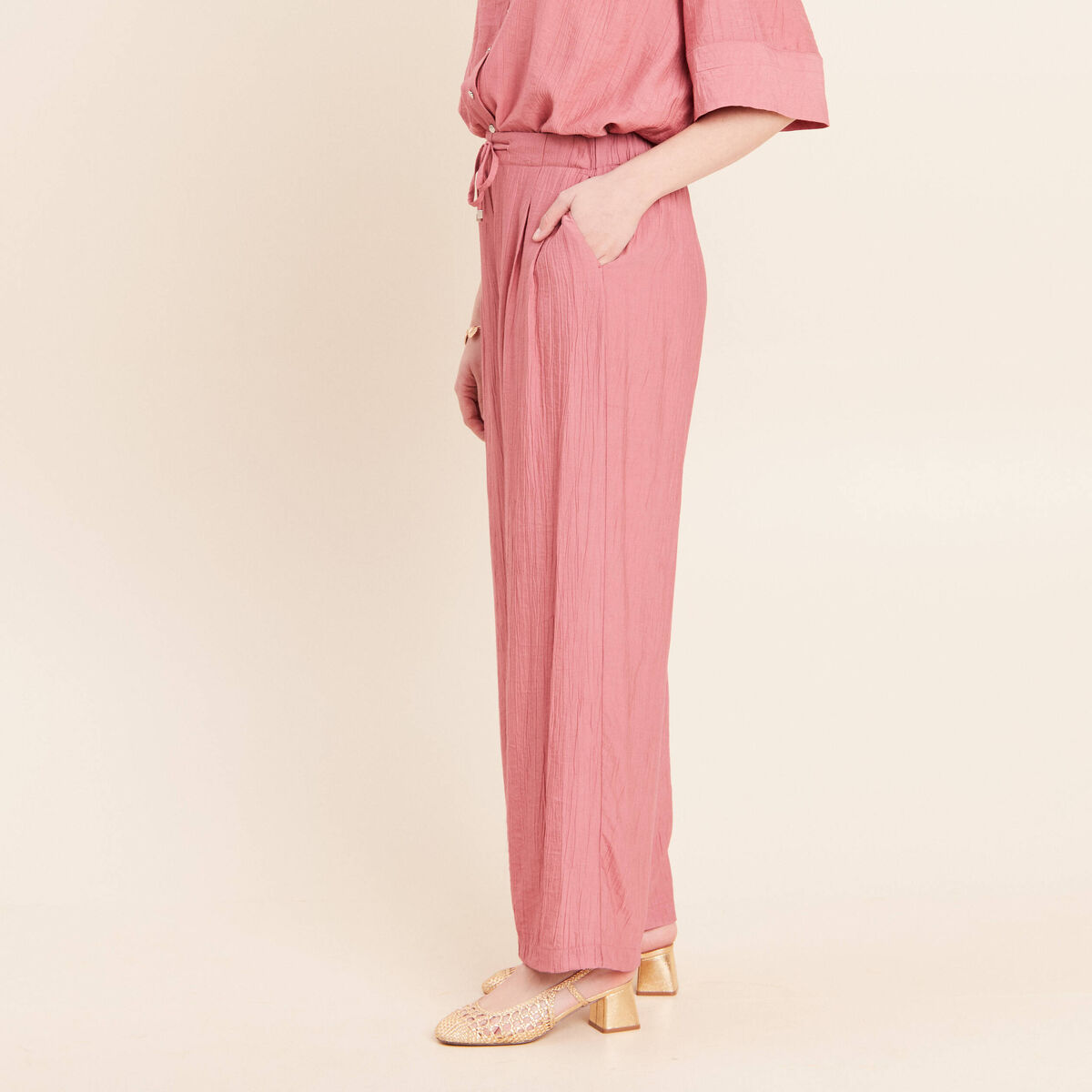 Pantalon fluide taille haute mauve femme