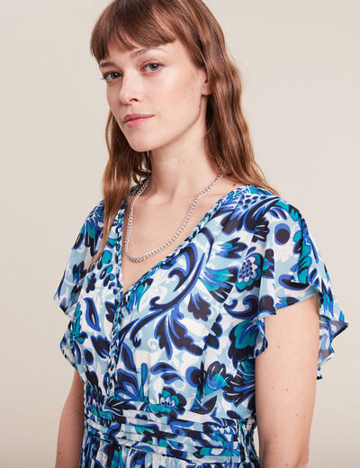Robe longue droite plissée bleu femme