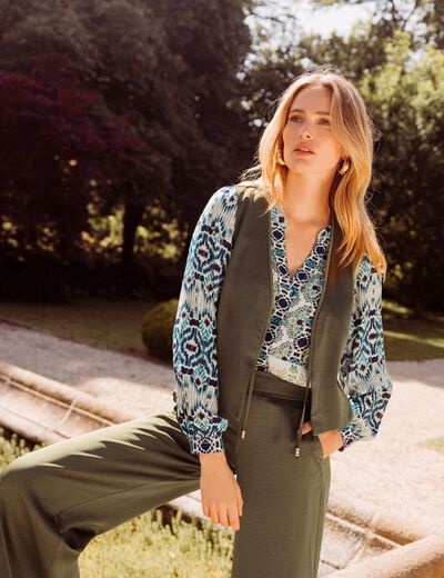 Veston sans manches satin vert olive femme