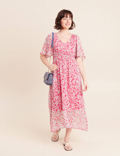 Robe longue &eacute;vas&eacute;e col v manches coudes rose femme