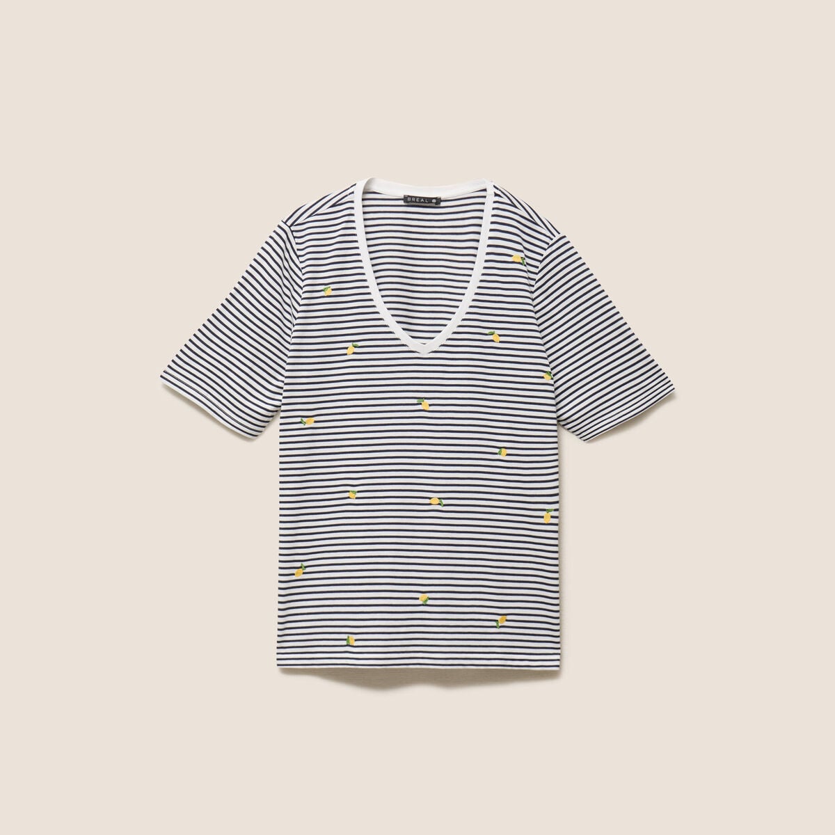 T-shirt droit broderie manches courtes bleu femme
