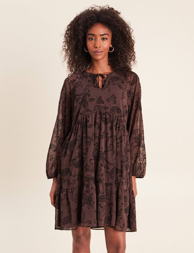Robe courte &eacute;vas&eacute;e col v manches longues noir femme
