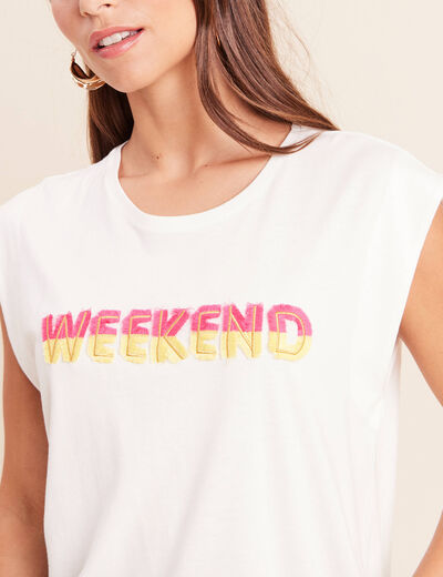 T-shirt col rond sans manches ecru femme