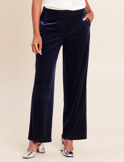 Pantalon large taille haute &agrave; paillettes bleu fonc&eacute; femme