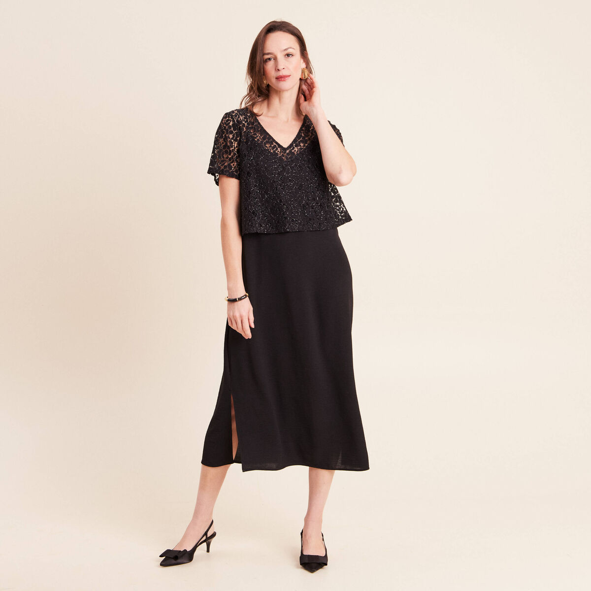 Robe longue &eacute;vas&eacute;e 2 en 1 col rond noir femme