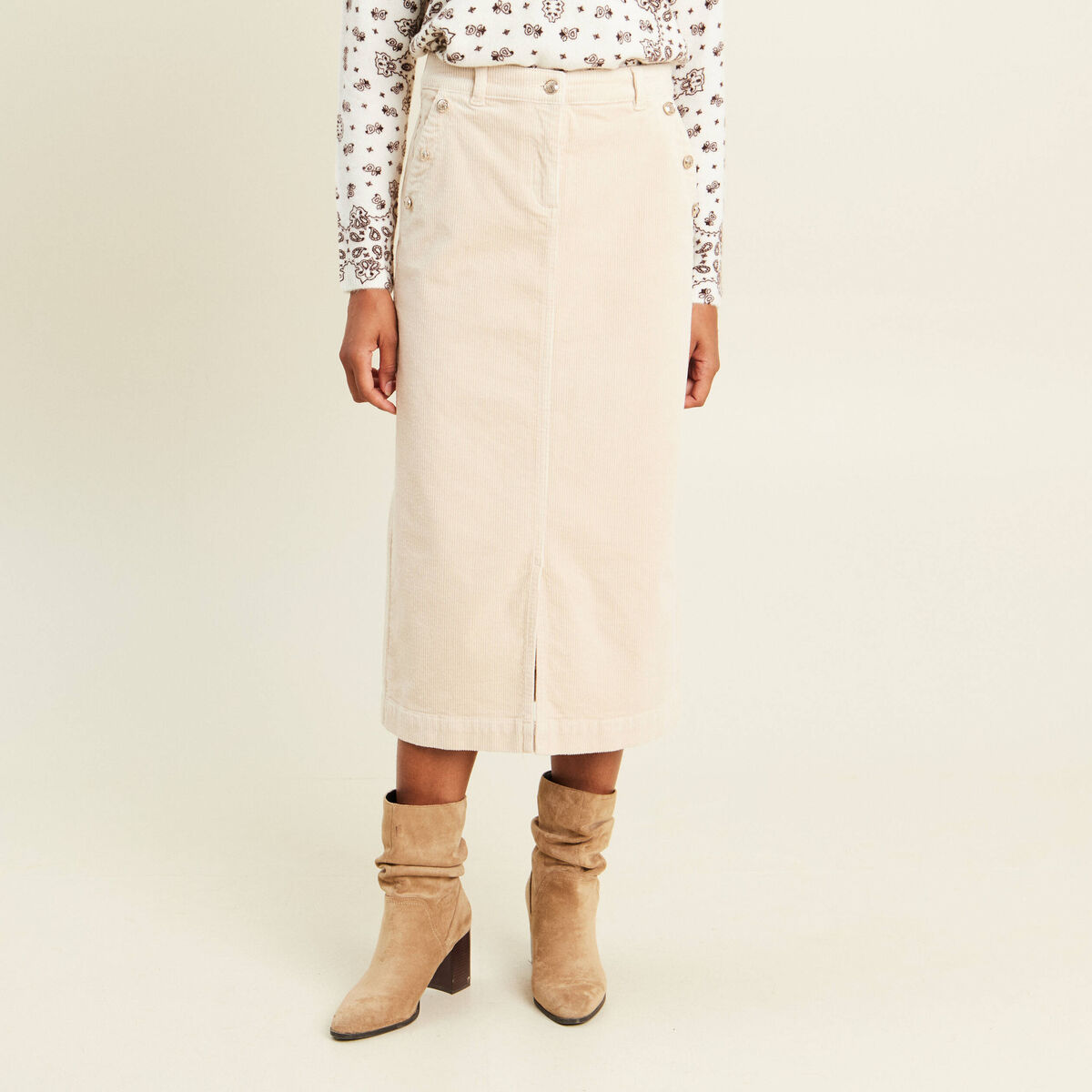 Jupe droite longue en velours sable femme