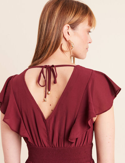 Robe longue &eacute;vas&eacute;e &agrave; volants prune femme