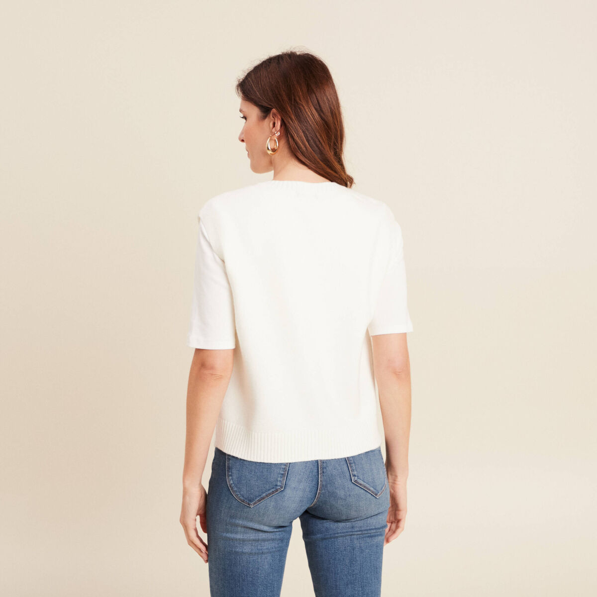 gilet droit court sans manches col rond ecru femme